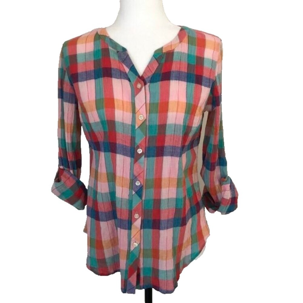 TALBOTS Long Sleeve Top Blouse Size Small Petites Roll Tab Sleeves Cotton Plaid